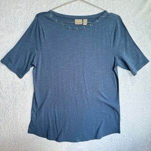 Chico’s Slate Blue Slub Knit Braided Neckline Short Sleeve Tee 100% Cotton NEW